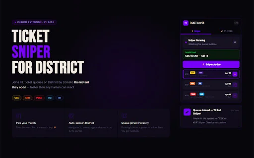Get IPL 2026 Tickets First – Ticket Sniper for District - Screenshot 1